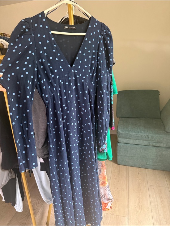Zara Dresses & Skirts - Zara Navy Dress with Light Blue Polka Dots, Long Sleeve Midi